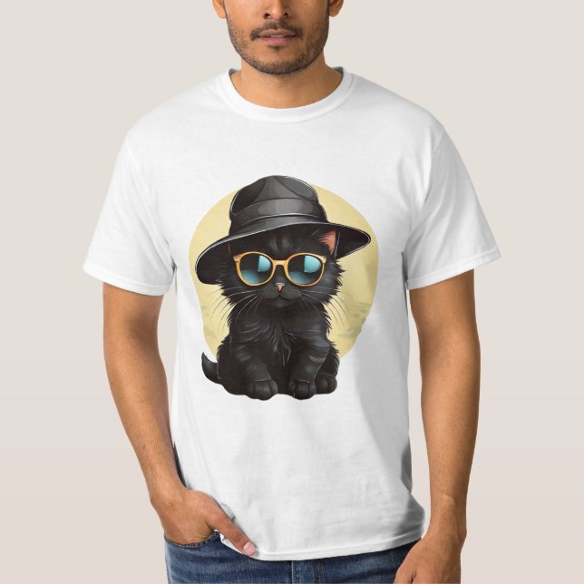 T-shirt chat noir avec lunettes de soleil et casquette, dr (Devant)