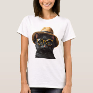 T-shirt chat noir avec lunettes de soleil et casquette, dr