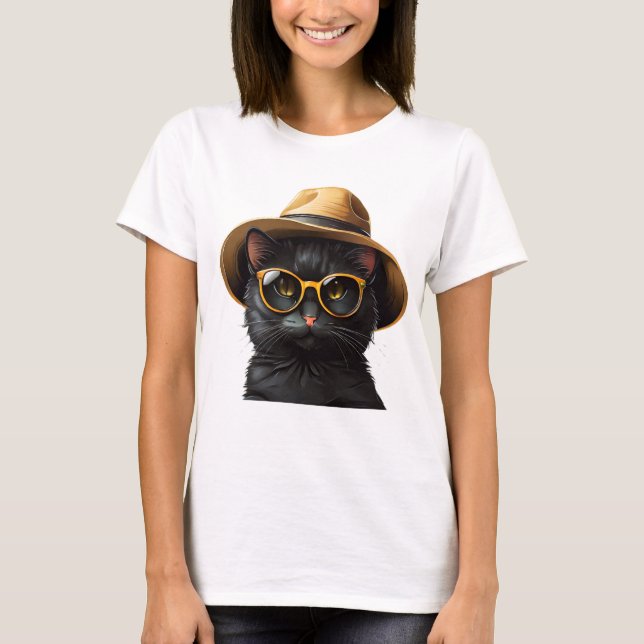 T-shirt chat noir avec lunettes de soleil et casquette, dr (Devant)