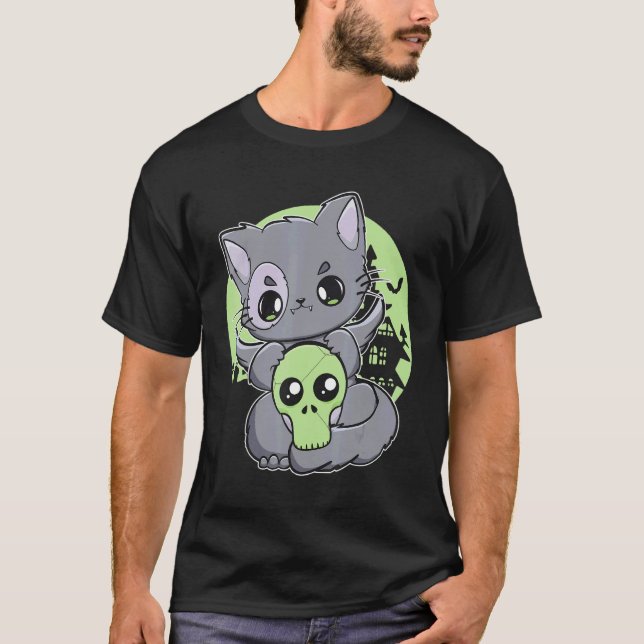 T-shirt Chat Noir Avec Objet Magique Pour Witchcore Et Yan (Devant)