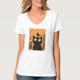 T-shirt Chat Noir Avec Oiseau Sur La Tête Botanique Fantai