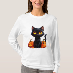 T-shirt Chat Noir Avec Scène de Halloween de Citrouille