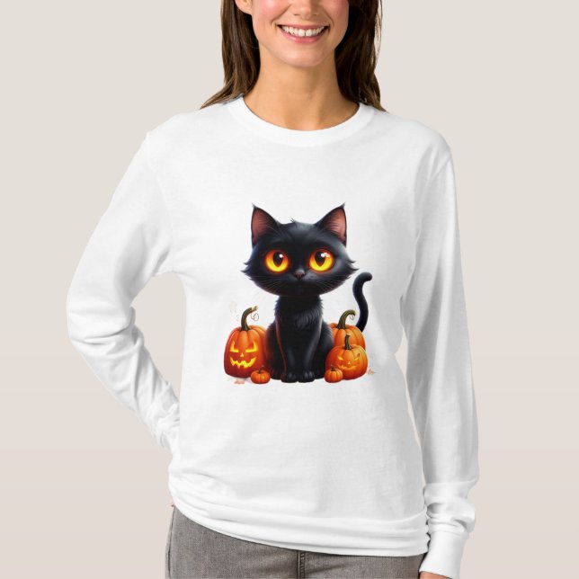 T-shirt Chat Noir Avec Scène de Halloween de Citrouille (Devant)