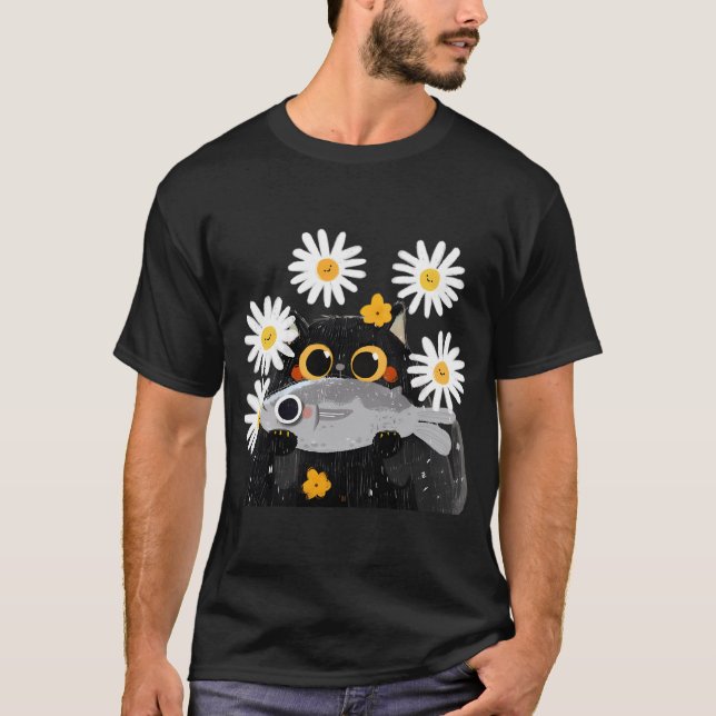 T-shirt Chat noir avec son poisson préféré (Devant)