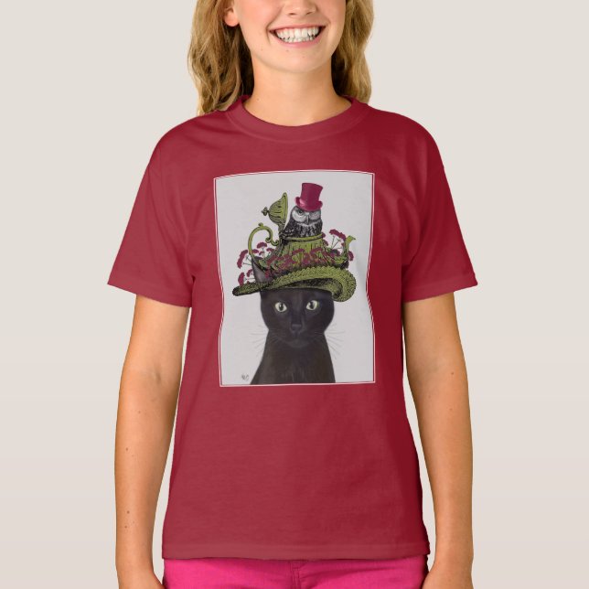 T-shirt Chat noir avec théière et hibou (Devant)