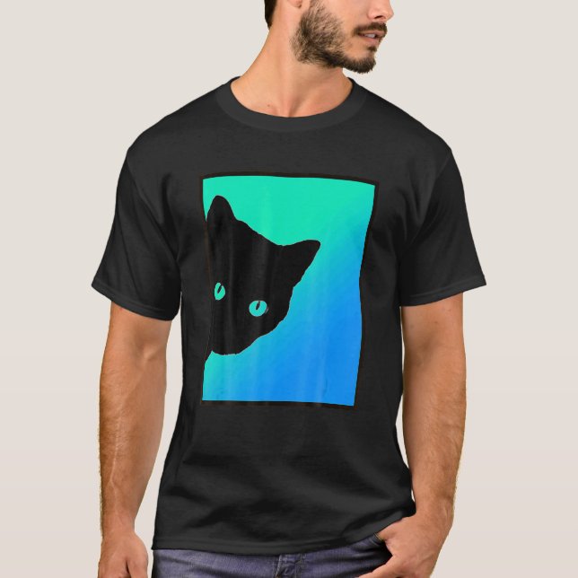 T-shirt Chat Noir Bleu Vert Conçu Par Chats Fabriqué Lit (Devant)