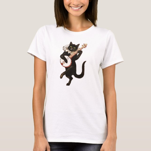T-shirt Chat Noir Branché Jouant Au Banjo (Devant)