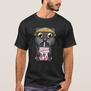 T-shirt Chat noir buvant du lait de fraise Chats minou fil