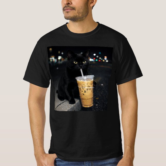 T-shirt Chat noir buvant un café glacé (Devant)
