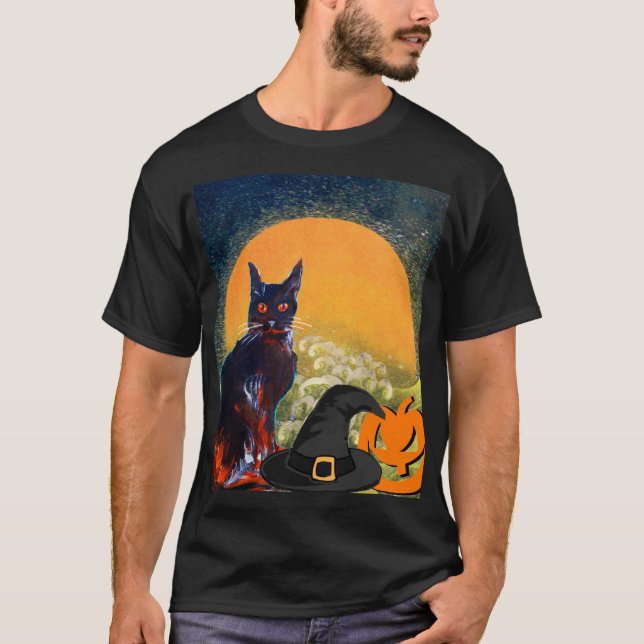 T-SHIRT CHAT NOIR, CASQUETTE WITCH ET CITROUILLE HALLOWEEN (Devant)
