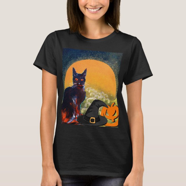 T-SHIRT CHAT NOIR, CASQUETTE WITCH ET CITROUILLE HALLOWEEN (Devant)