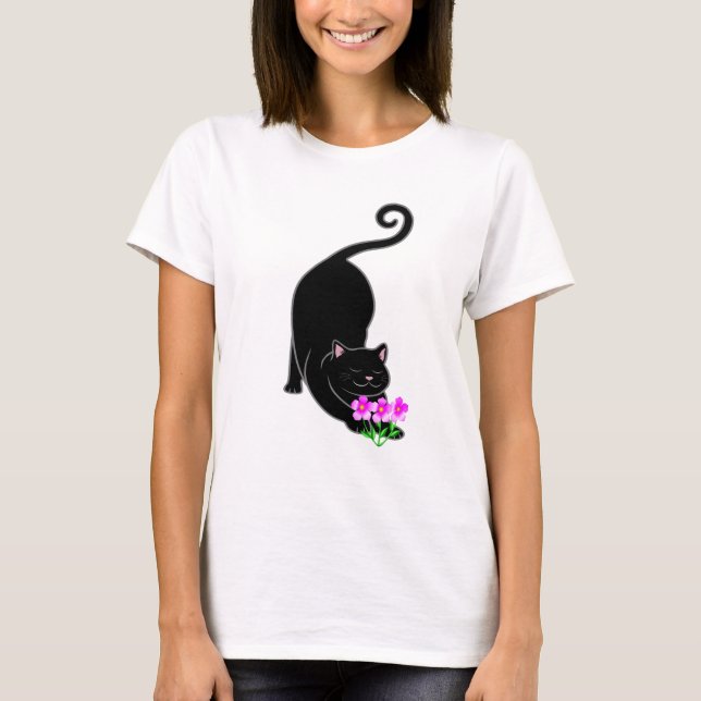 T-shirt Chat noir chaton et fleurs roses (Devant)