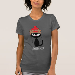 T-shirt Chat noir Chillaxin' avec un chapeau de singe en c