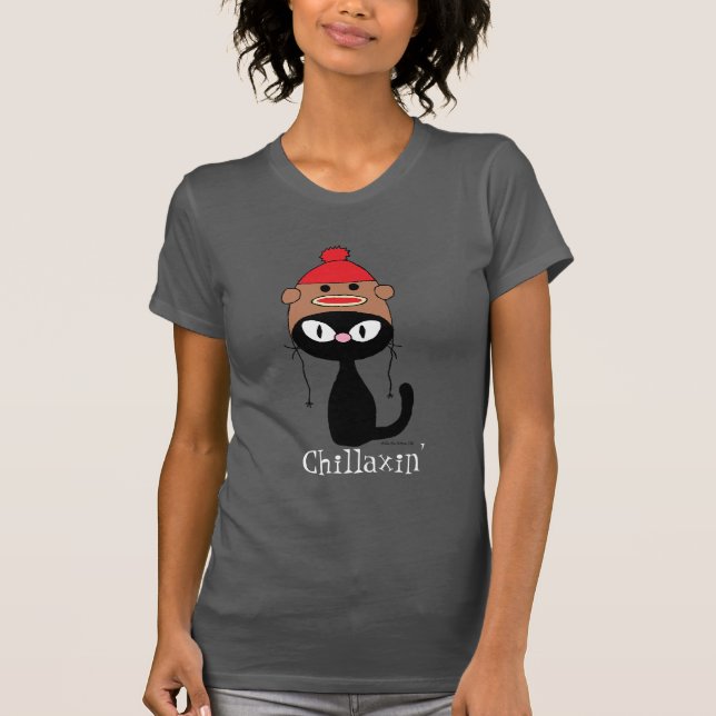 T-shirt Chat noir Chillaxin' avec un chapeau de singe en c (Devant)
