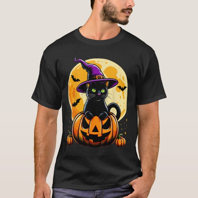 T-shirt Chat noir Citrouille d'Halloween (Devant)