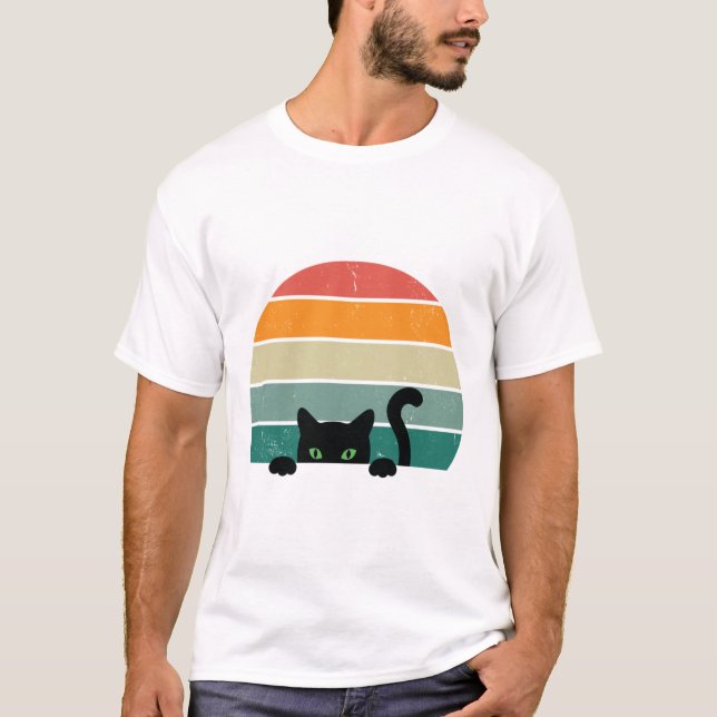 T-shirt Chat noir Coucher de soleil Coucher de soleil Vint (Devant)