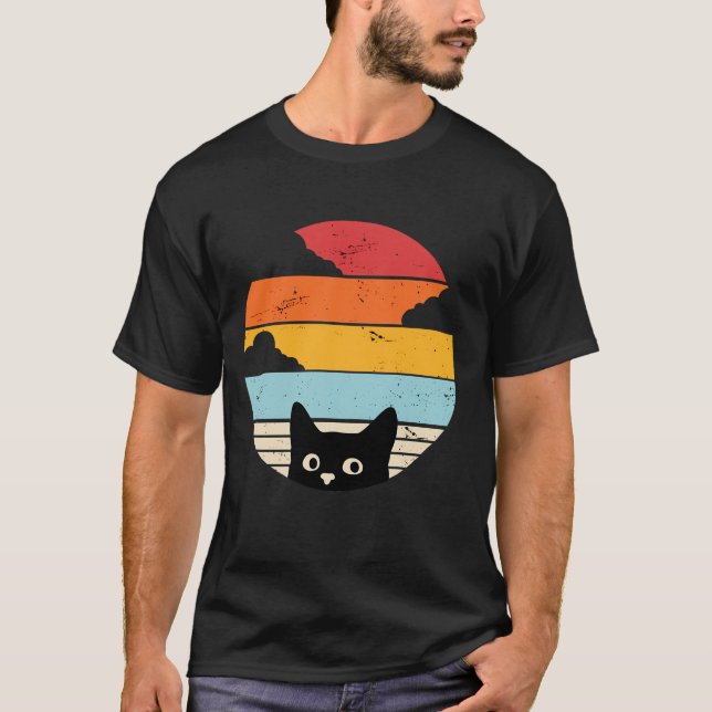 T-shirt Chat noir coucher de soleil rétro  (Devant)