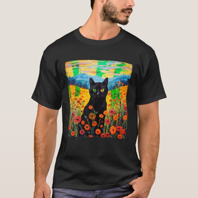 T-shirt Chat Noir Dans Les Champs Fleurs Van Gogh Chat Sta (Devant)