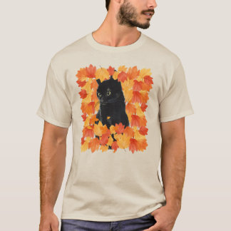 T-shirt Chat noir dans les feuilles d'automne