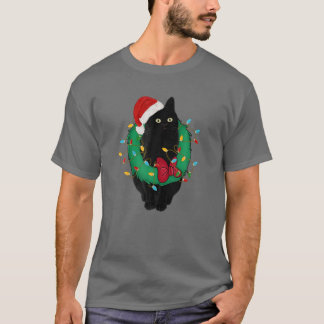 T-shirt Chat noir dans les lumières de Noël Santa Hat Funn