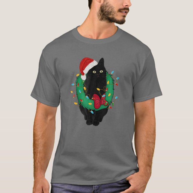 T-shirt Chat noir dans les lumières de Noël Santa Hat Funn (Devant)