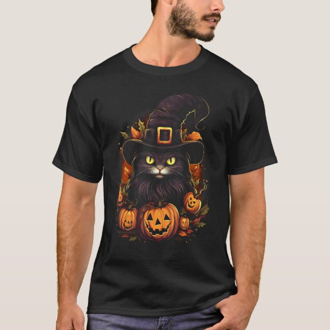 T-shirt Chat noir de citrouille d'Halloween Sorcière Chape (Devant)