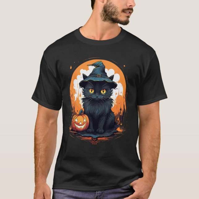 T-shirt Chat noir de Halloween Sorcière Citrouille Effraya (Devant)