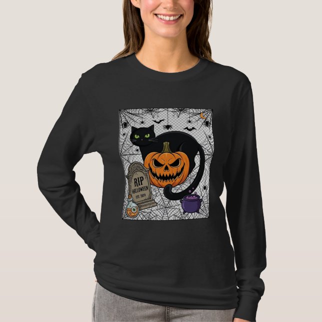 T-shirt Chat noir de l'Halloween déchiré Citrouille Pierre (Devant)