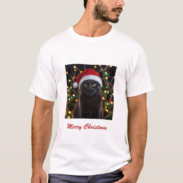 T-shirt Chat Noir de Noël - Chapeau de Père Noël Photo per (Devant)