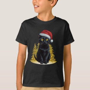 T-shirt Chat Noir de Noël mignon à Santa Hat Lumières LED