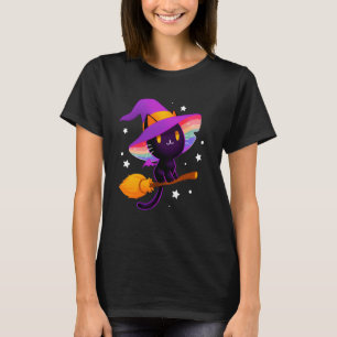 T-shirt Chat Noir de Sorcière Avec Chapeau Arc-en-ciel Et
