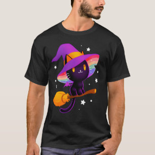T-shirt Chat noir de sorcière avec chapeau arc-en-ciel et