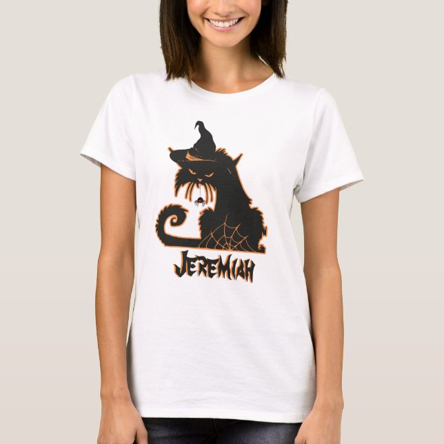 T-shirt Chat noir de sorcière Halloween araignées effrayan (Devant)