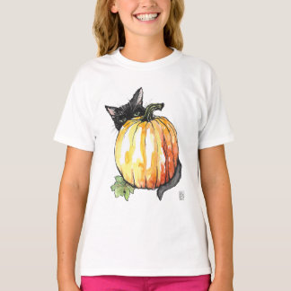 T-shirt Chat noir derrière le Tee - shirt Citrouille