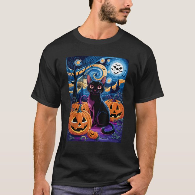 T-shirt Chat noir d'Halloween céleste dans Starry Night De (Devant)