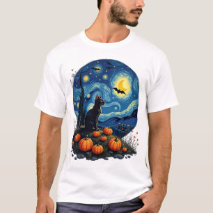T-shirt Chat noir d'Halloween Chat amateur de nuit étoilée