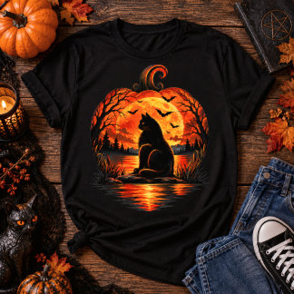 T-shirt Chat noir d'Halloween Citrouille Lune
