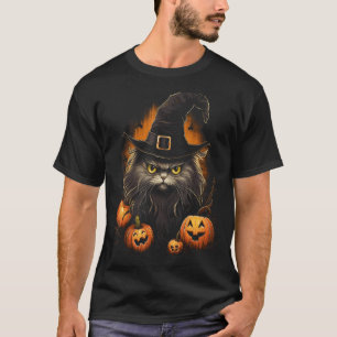 T-shirt Chat noir d'Halloween Citrouille Sorcière Chapeau
