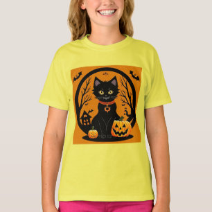 T-shirt Chat noir d'Halloween entouré de citrouilles-lante