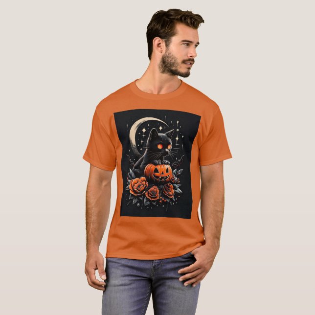 T-shirt Chat noir d'Halloween, Lune et Citrouille (Devant entier)