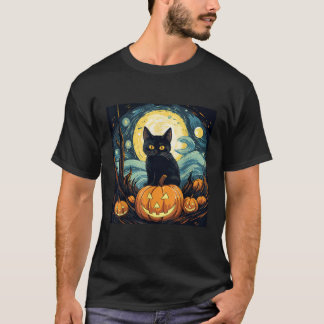T-shirt Chat noir d'Halloween Van Gogh Sorcière Nuit étoil