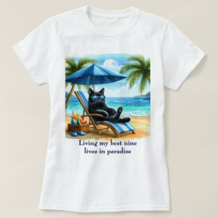 T-shirt Chat noir drôle au temps de la plage paradisiaque
