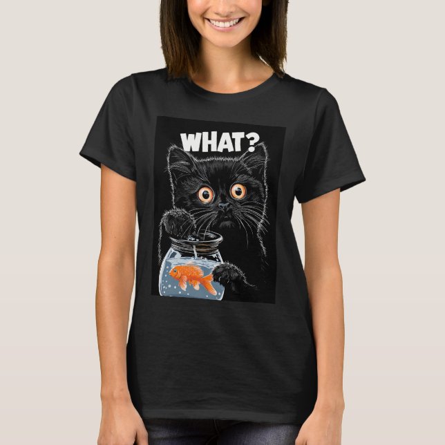 T-shirt Chat noir drôle et poisson rouge (Devant)