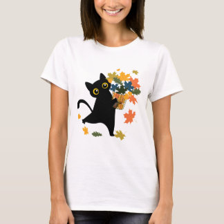 T-shirt Chat noir drôle Feuille d'automne Bonjour l'automn
