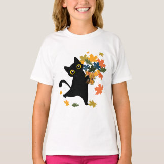 T-shirt Chat noir drôle Feuille d'automne Bonjour l'automn