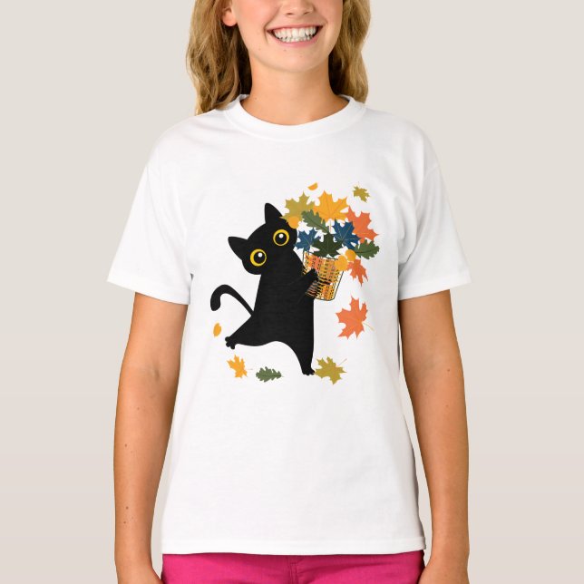 T-shirt Chat noir drôle Feuille d'automne Bonjour l'automn (Devant)