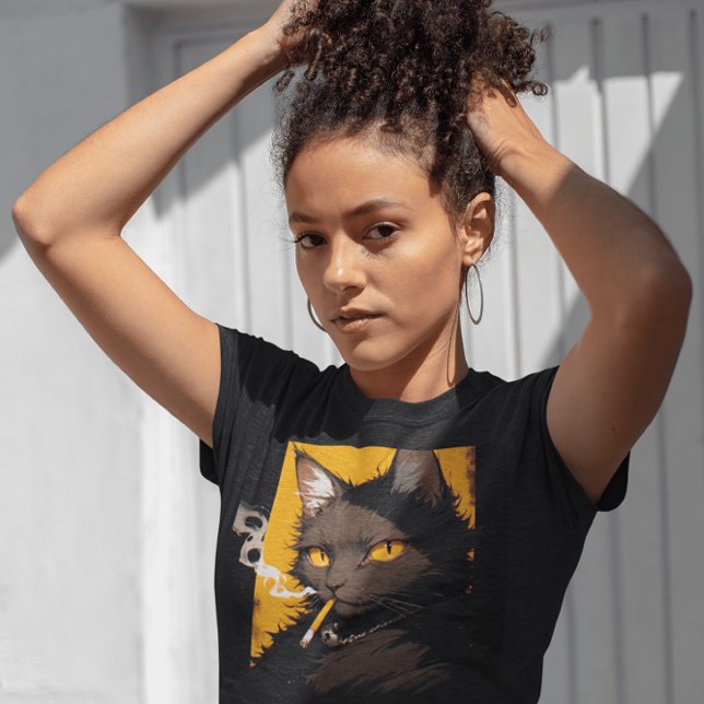 T-shirt chat noir drôle, fumant cigarette (Créateur téléchargé)