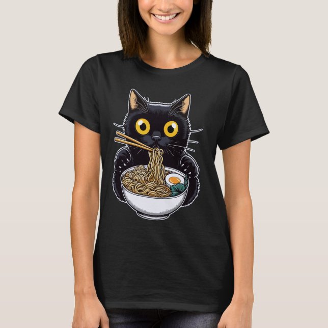 T-shirt Chat noir drôle mangeant du Ramen (Devant)