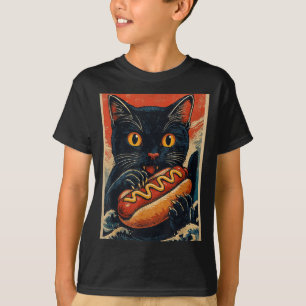T-shirt Chat noir drôle mangeant un hot dog rétro japonais