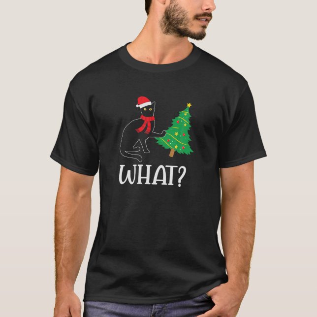 T-shirt Chat Noir Drôle Poussant Arbre De Noël Sur Chat Wh (Devant)